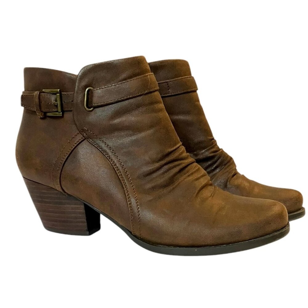 Baretraps Women's Rosslyn Brown Ruched Zip Up Block Heel Ankle Booties Sz 10M
